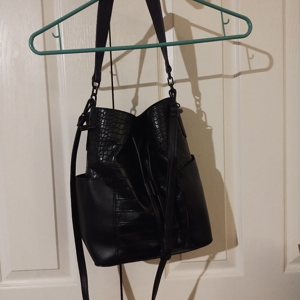Aldo Black Crossbody Bucket Bag with Croc Embossing